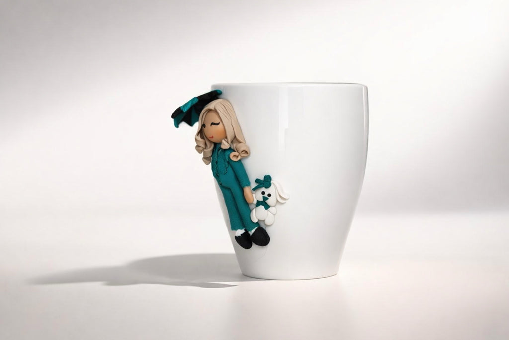 Ceramic mug with hand-modeled 3D doll figurine with umbrella and bunny made of polymer clay
