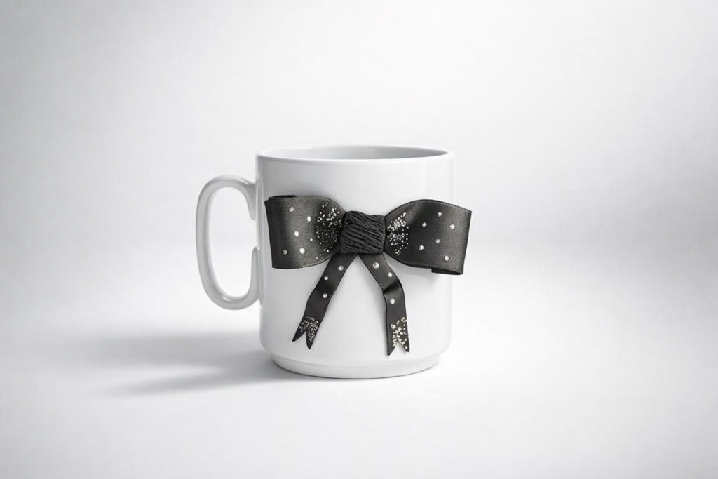 Porcelain cup with hand-modeled 3D bow made of polymer clay 