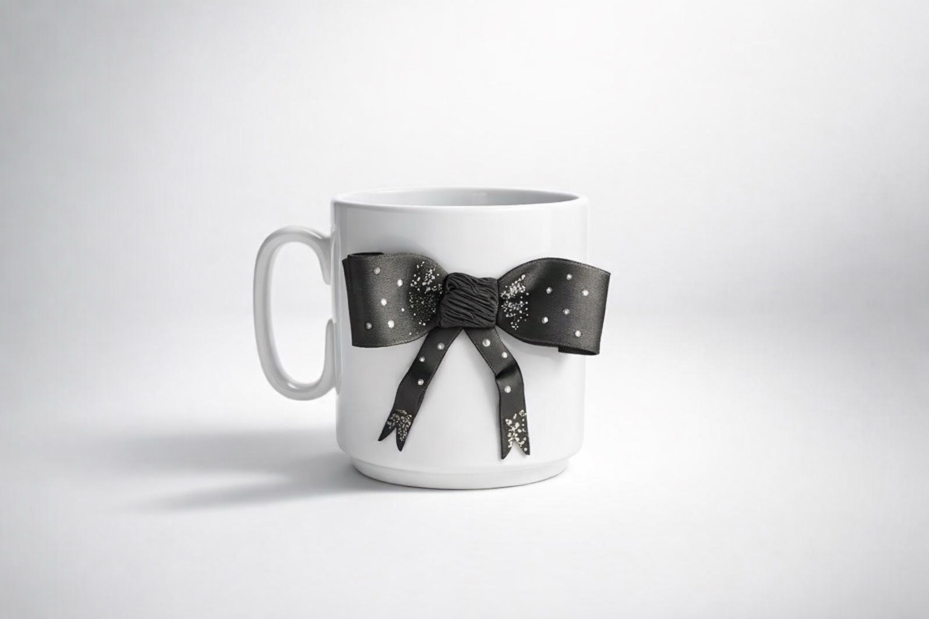 Porcelain cup with hand-modeled 3D bow made of polymer clay 