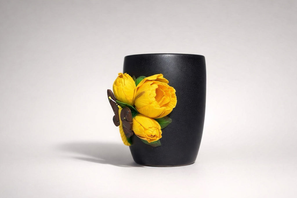 Stoneware mug with hand-modeled 3D tulips and butterfly made of polymer clay 