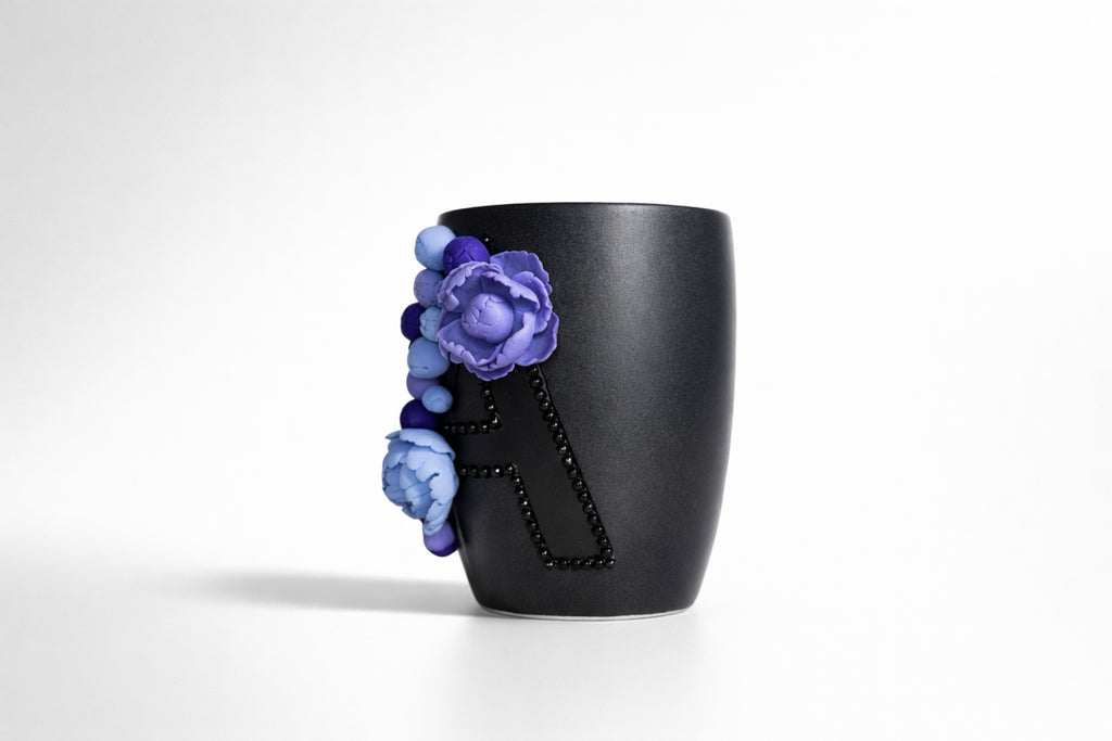 Stoneware mug with initial and 3D peony blossoms made of polymer clay