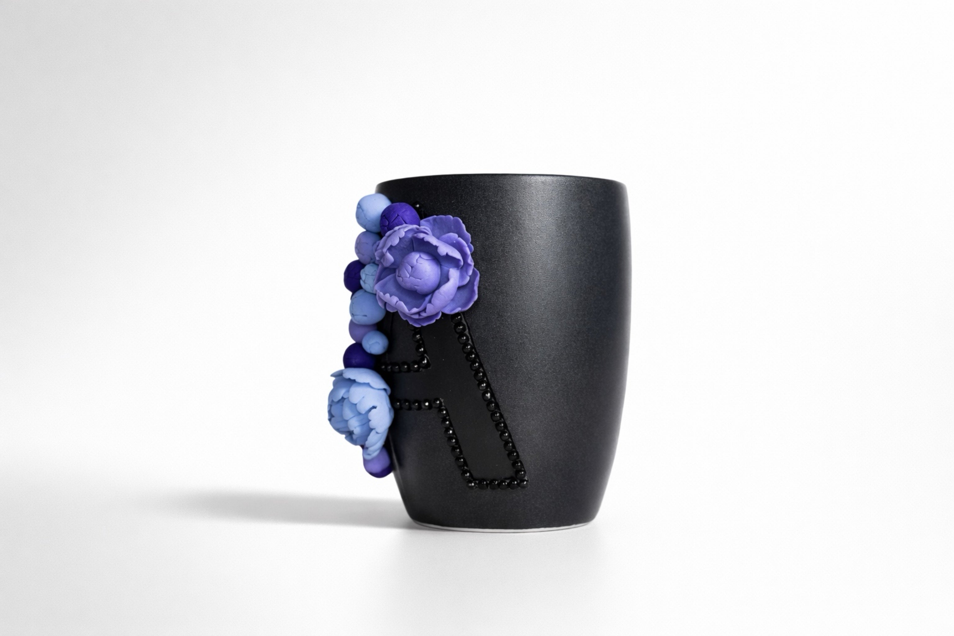 Stoneware mug with initial and 3D peony blossoms made of polymer clay