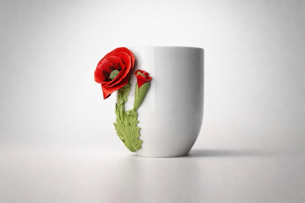 Ceramic mug with hand-modeled 3D poppy made of polymer clay 
